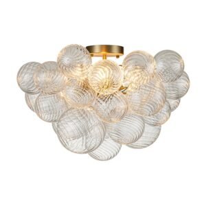3-Light Brass Cluster Ribbed Glass Bubble Semi Flush Chandelier
