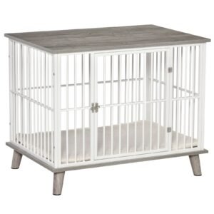 Dog Crate, Furniture Style Pet Cage Kennel, Decorative Dog House, with Soft Cushion, Wooden Top, for Small & Medium Dogs, Indoor Use, Grey