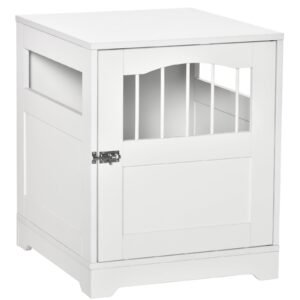 Furniture Stylish Dog Kennel, Wooden & Wire End Table with Cushion & Lockable Door, Miniature Size Pet Crate Indoor Puppy Cage, White