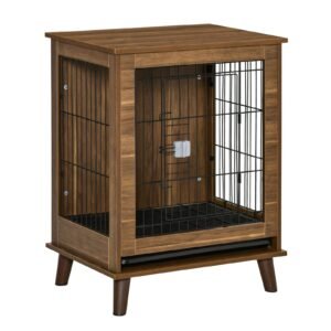 Stylish Dog Kennel, Wooden & Wire End Table Furniture with Cushion & Lockable Magnetic Doors, Small Size Pet Crate Indoor Animal Cage, Brown