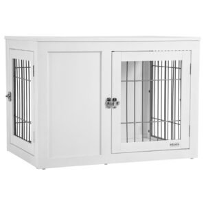 Furniture Style Indoor Dog Crate, End Table Pet Cage Kennel with Double Doors, and Locks, for Small and Medium Dogs, White