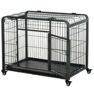 Metal Dog Crate Heavy Duty Kennel with Removable Tray 4 Wheels & Folding Design Grey