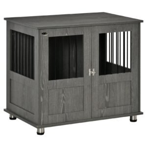 Stylish Dog Kennel, Wooden End Table Furniture with Cushion & Lockable Magnetic Doors, Small Size Pet Crate Indoor Animal Cage, Grey